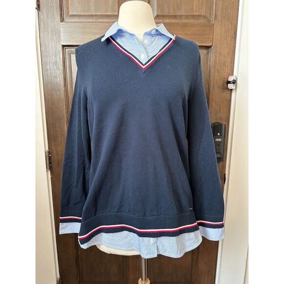 Tommy Hilfiger Blue Sweater V Neck with Collared Shirt Size Large - Picture 3 of 6